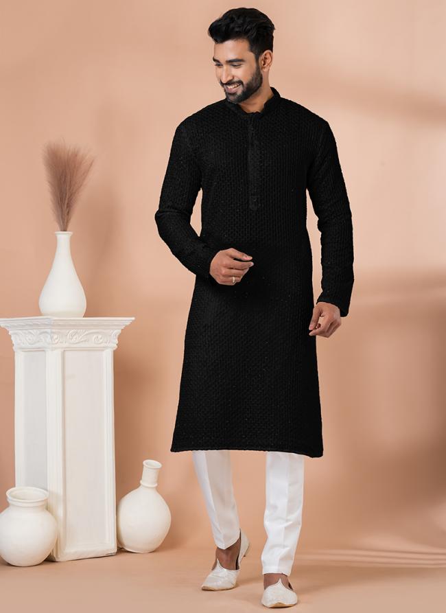 Georgette Black Festival Wear Sequins Work Readymade Kurta Pajama